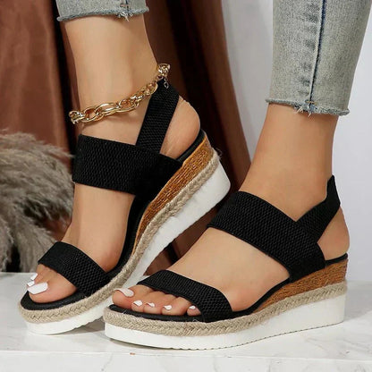 Damen-Plateau-Sandalen mit elastischen Riemen und Jute-Besatz-Footwear for women-Alpenkind