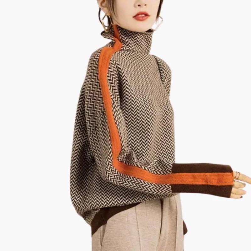 Damen Pullover mit Stehkragen und Kontraststreifen-Women Sweaters-Alpenkind