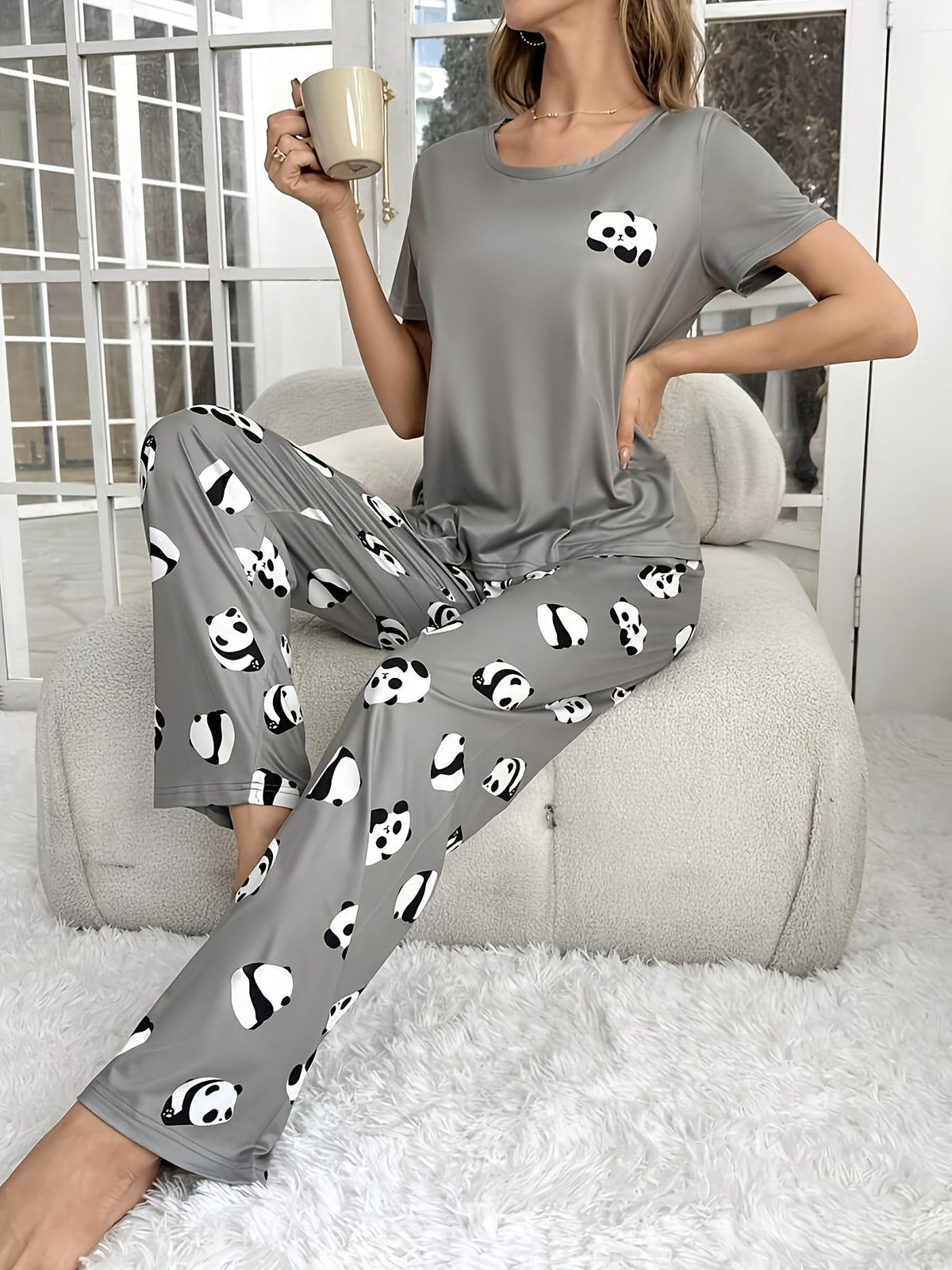 Damen-Pyjama-Set mit Panda-Print und kurzen Ärmeln-Pyjama-Alpenkind