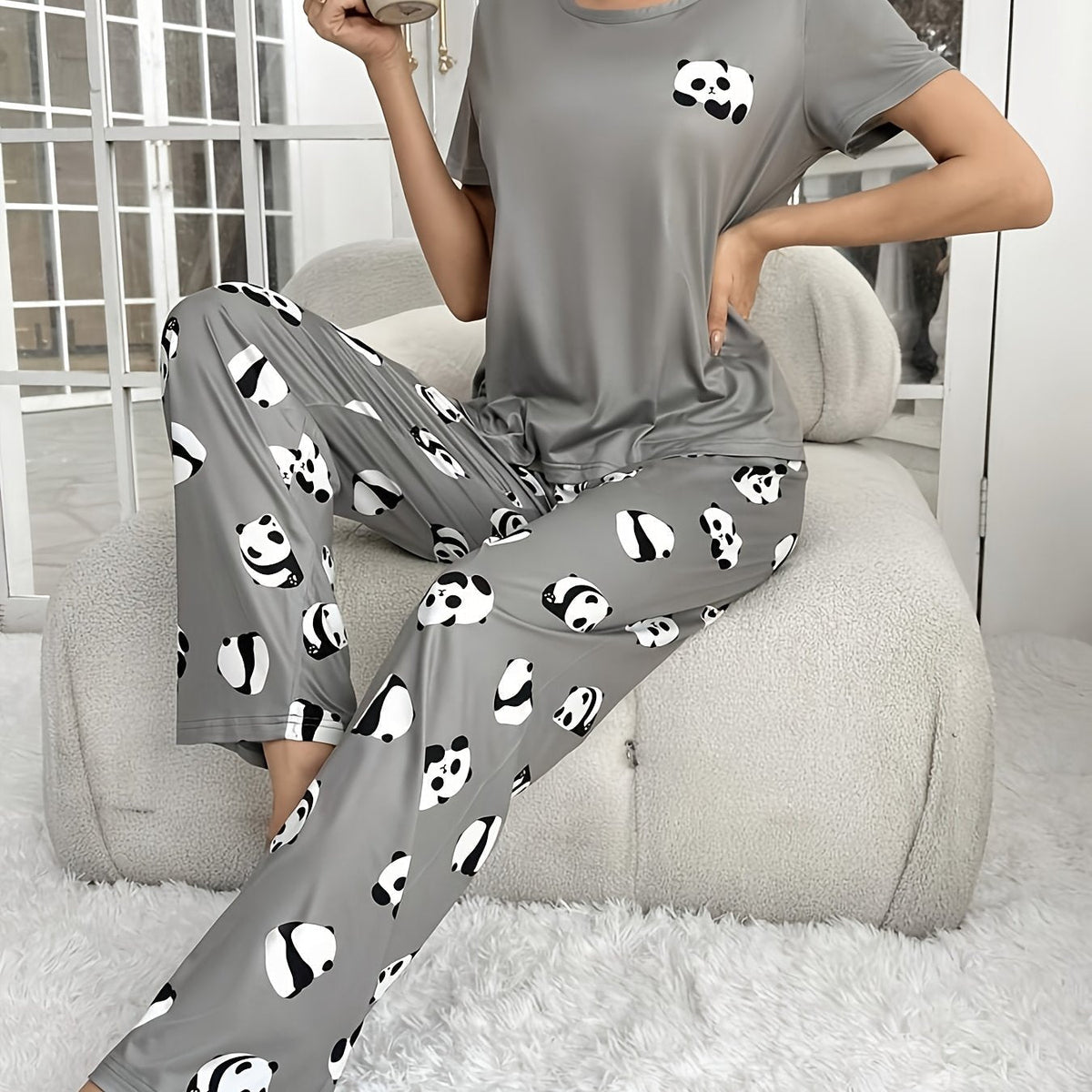 Damen-Pyjama-Set mit Panda-Print und kurzen Ärmeln-Pyjama-Alpenkind