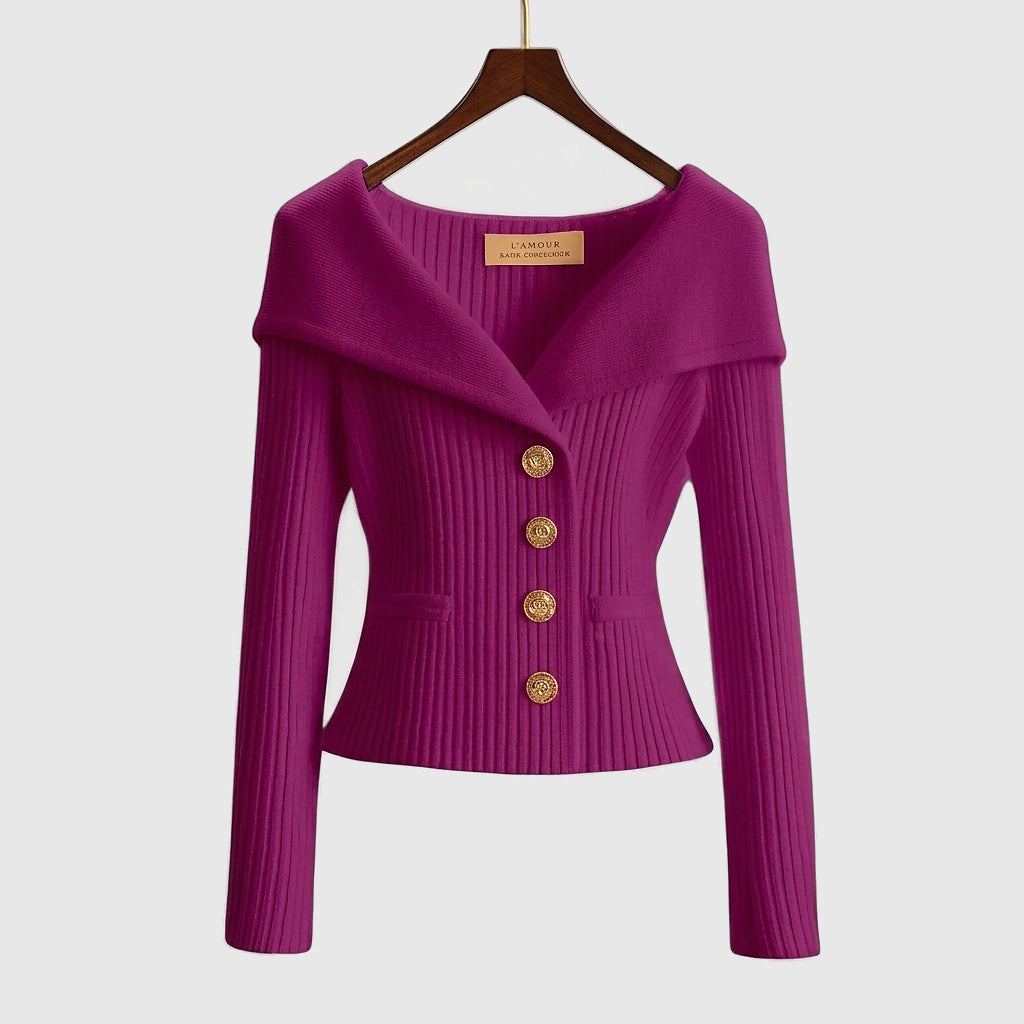 Damen-Rippstrick-Cardigan mit Off-Shoulder-Kragen und Zierknöpfen-sweater for woman-Alpenkind