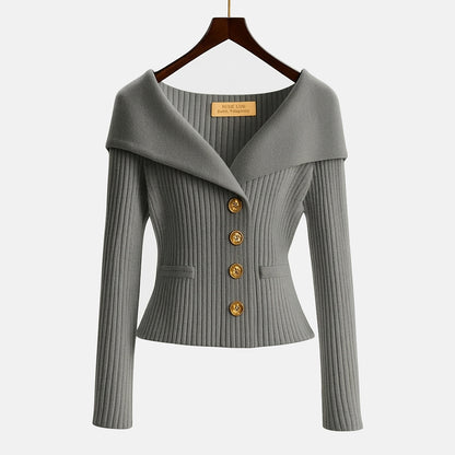 Damen-Rippstrick-Cardigan mit Off-Shoulder-Kragen und Zierknöpfen-sweater for woman-Alpenkind