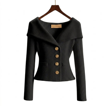 Damen-Rippstrick-Cardigan mit Off-Shoulder-Kragen und Zierknöpfen-sweater for woman-Alpenkind