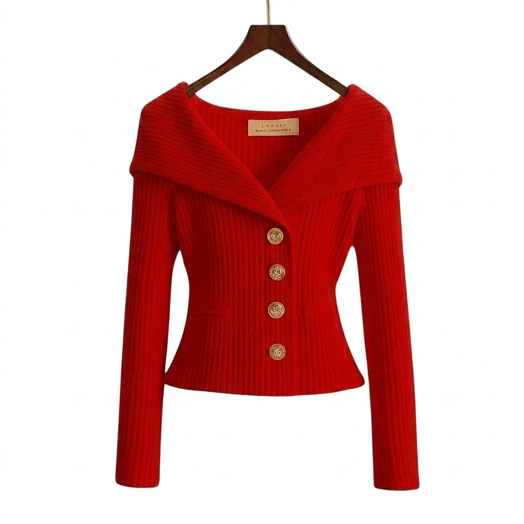 Damen-Rippstrick-Cardigan mit Off-Shoulder-Kragen und Zierknöpfen-sweater for woman-Alpenkind