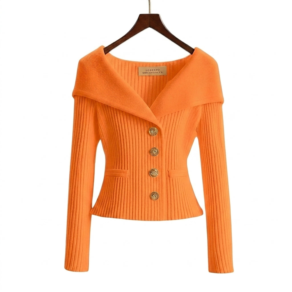 Damen-Rippstrick-Cardigan mit Off-Shoulder-Kragen und Zierknöpfen-sweater for woman-Alpenkind
