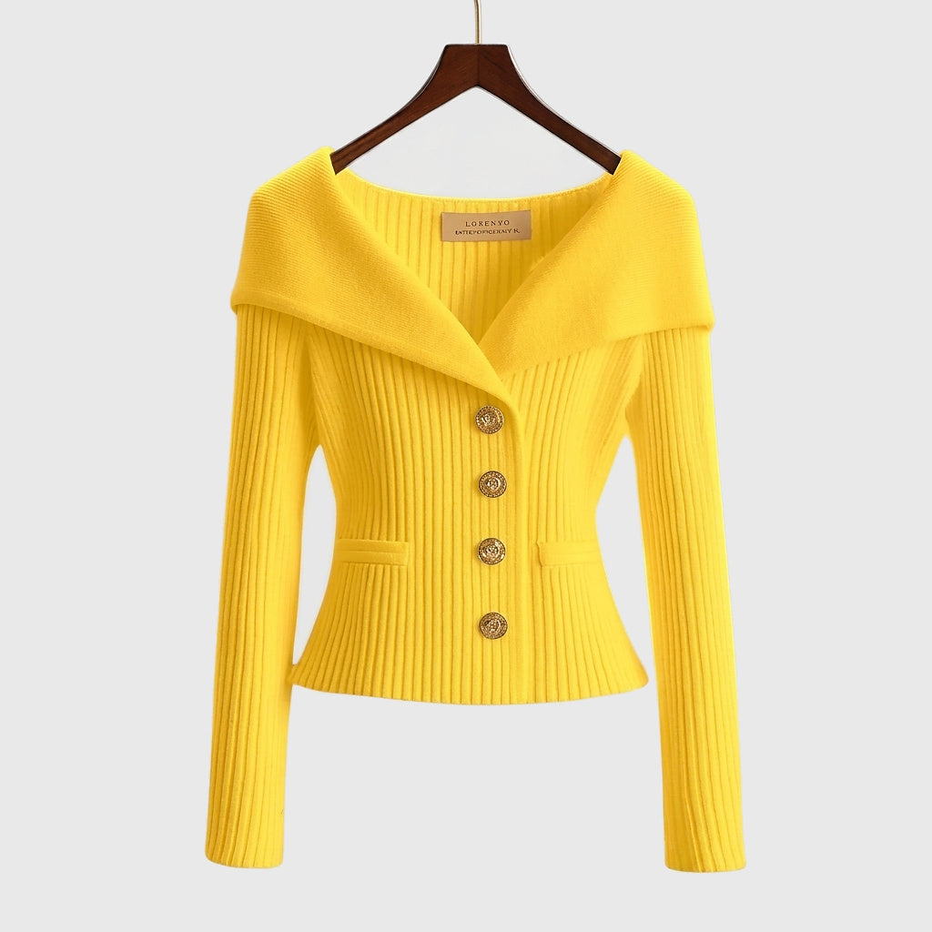 Damen-Rippstrick-Cardigan mit Off-Shoulder-Kragen und Zierknöpfen-sweater for woman-Alpenkind