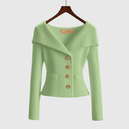 Damen-Rippstrick-Cardigan mit Off-Shoulder-Kragen und Zierknöpfen-sweater for woman-Alpenkind