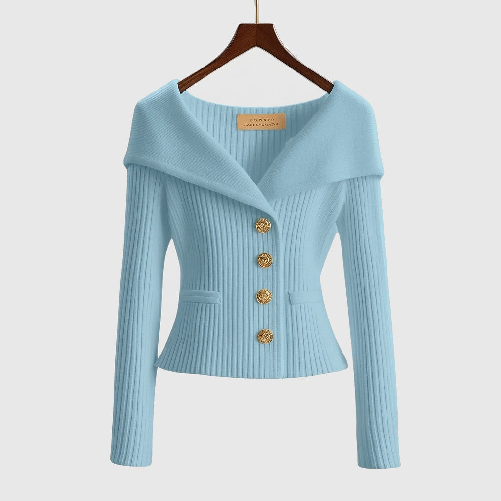 Damen-Rippstrick-Cardigan mit Off-Shoulder-Kragen und Zierknöpfen-sweater for woman-Alpenkind