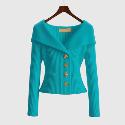 Damen-Rippstrick-Cardigan mit Off-Shoulder-Kragen und Zierknöpfen-sweater for woman-Alpenkind