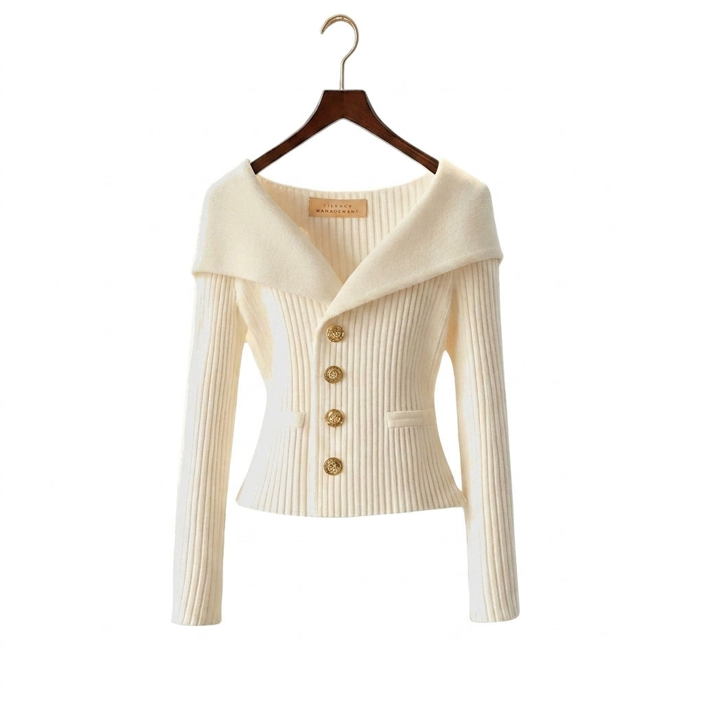 Damen-Rippstrick-Cardigan mit Off-Shoulder-Kragen und Zierknöpfen-sweater for woman-Alpenkind