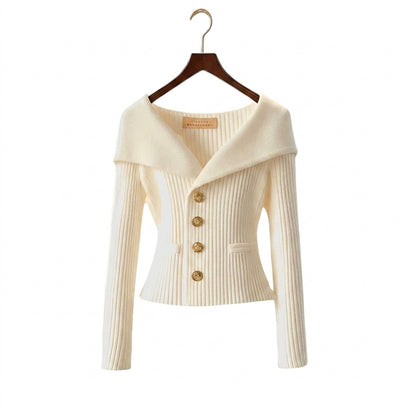 Damen-Rippstrick-Cardigan mit Off-Shoulder-Kragen und Zierknöpfen-sweater for woman-Alpenkind