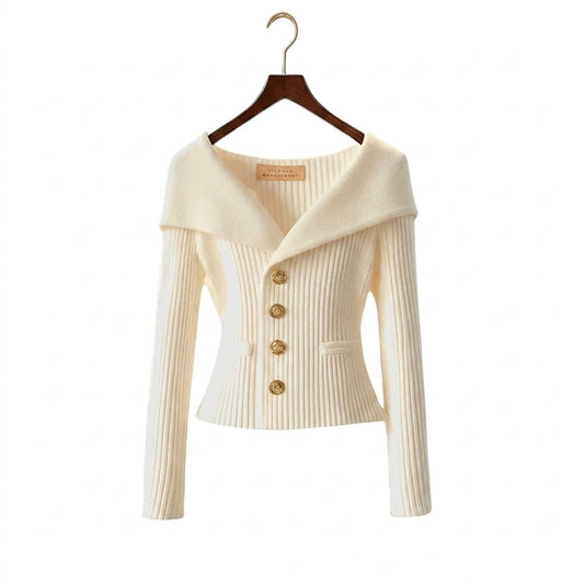 Damen-Rippstrick-Cardigan mit Off-Shoulder-Kragen und Zierknöpfen-sweater for woman-Alpenkind