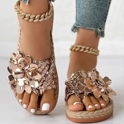 Damen-Sandalen mit geflochtenen Riemen und Blumenverzierung-Footwear for women-Alpenkind
