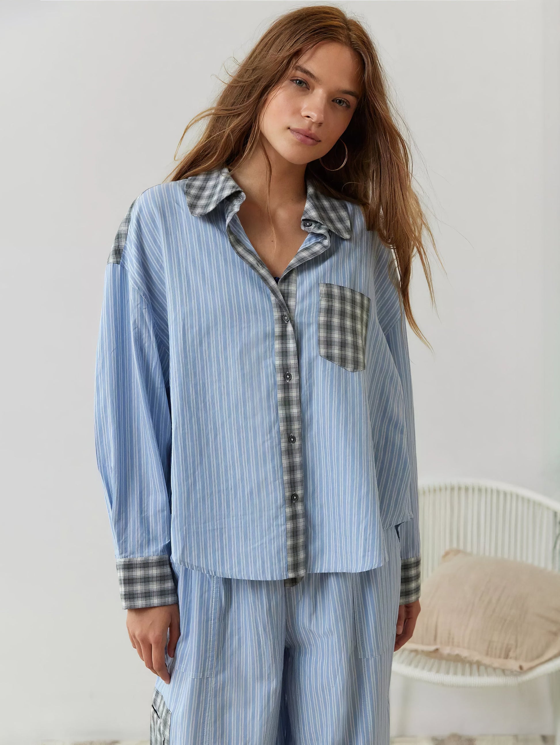 Damen Schlafanzug-Set mit Knopfhemd und elastischer Bundhose-Sets for women-Alpenkind