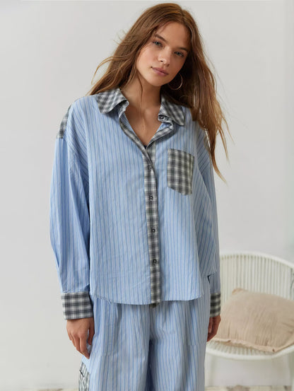 Damen Schlafanzug-Set mit Knopfhemd und elastischer Bundhose-Sets for women-Alpenkind
