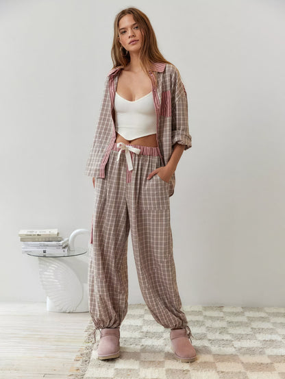 Damen Schlafanzug-Set mit Knopfhemd und elastischer Bundhose-Sets for women-Alpenkind