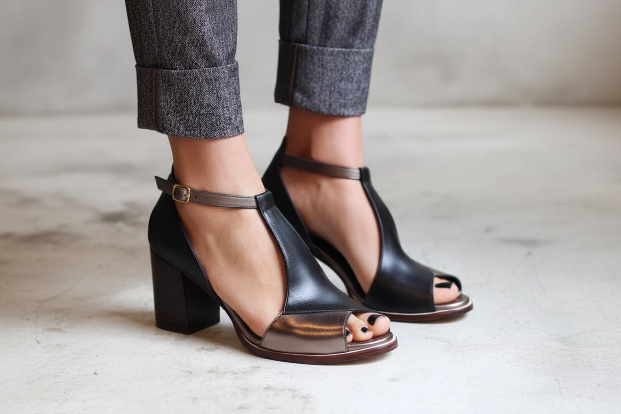 Damen Schuhe mit offener Vorderpartie und T-Riemen