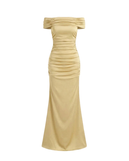 Damen Schulterfreies Maxikleid mit gerafftem Oberteil-Maxi Dress-Alpenkind