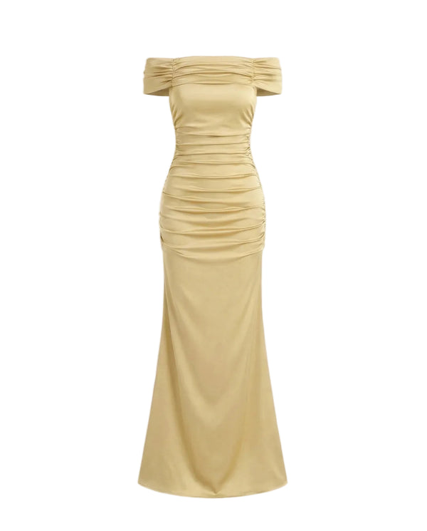 Damen Schulterfreies Maxikleid mit gerafftem Oberteil-Maxi Dress-Alpenkind