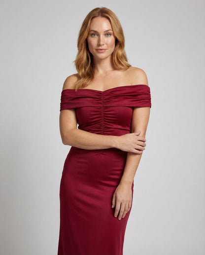 Damen Schulterfreies Maxikleid mit gerafftem Oberteil-Maxi Dress-Alpenkind