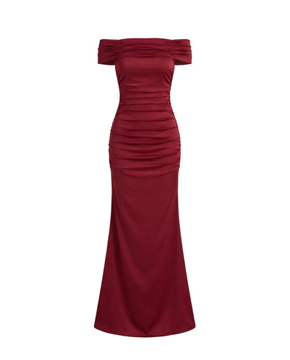 Damen Schulterfreies Maxikleid mit gerafftem Oberteil-Maxi Dress-Alpenkind