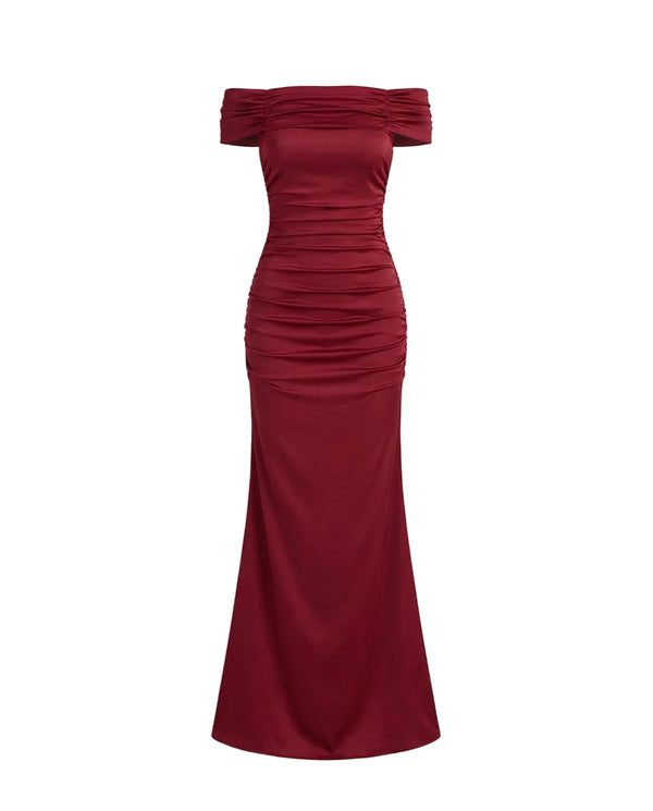 Damen Schulterfreies Maxikleid mit gerafftem Oberteil-Maxi Dress-Alpenkind