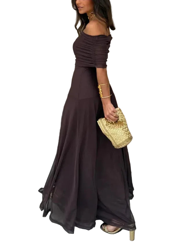 Damen Schulterfreies Maxikleid mit gerafftem Oberteil und langem Rock-Maxi Dress-Alpenkind