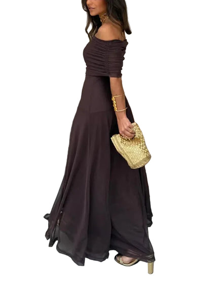 Damen Schulterfreies Maxikleid mit gerafftem Oberteil und langem Rock-Maxi Dress-Alpenkind