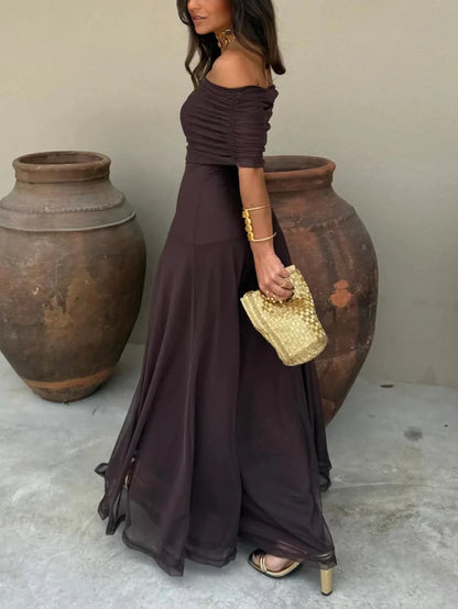 Damen Schulterfreies Maxikleid mit gerafftem Oberteil und langem Rock-Maxi Dress-Alpenkind