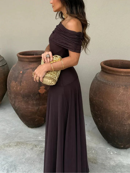 Damen Schulterfreies Maxikleid mit gerafftem Oberteil und langem Rock-Maxi Dress-Alpenkind