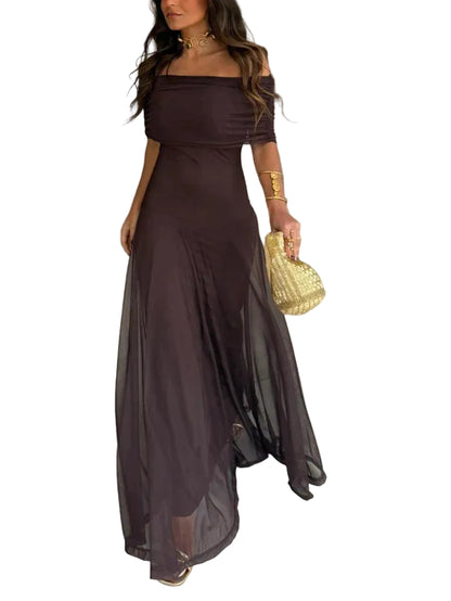 Damen Schulterfreies Maxikleid mit gerafftem Oberteil und langem Rock-Maxi Dress-Alpenkind