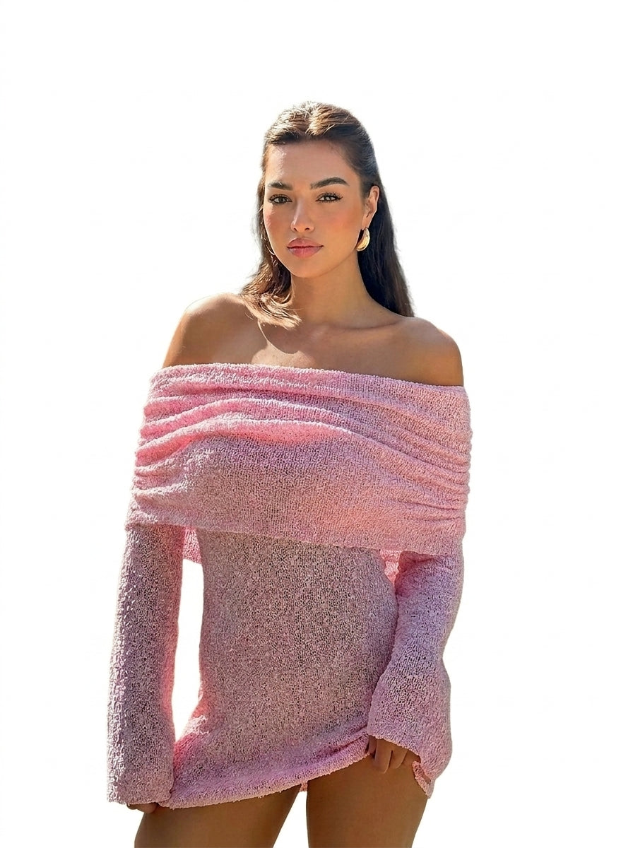 Damen Schulterfreies Minikleid mit langen Ärmeln und drapiertem Ausschnitt-Mini Dress-Alpenkind