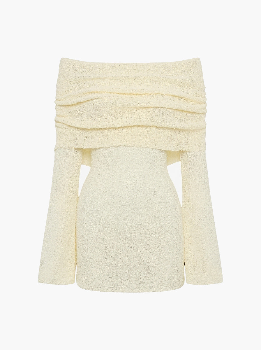 Damen Schulterfreies Minikleid mit langen Ärmeln und drapiertem Ausschnitt-Mini Dress-Alpenkind