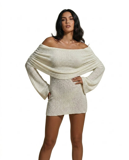 Damen Schulterfreies Minikleid mit langen Ärmeln und drapiertem Ausschnitt-Mini Dress-Alpenkind