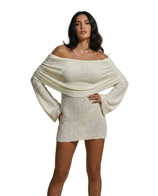 Damen Schulterfreies Minikleid mit langen Ärmeln und drapiertem Ausschnitt-Mini Dress-Alpenkind