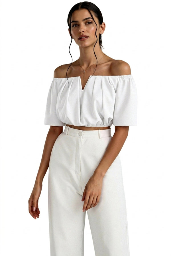 Damen-Schulterfreies Oberteil mit V-Ausschnitt und Raffungen-Tops for women-Alpenkind