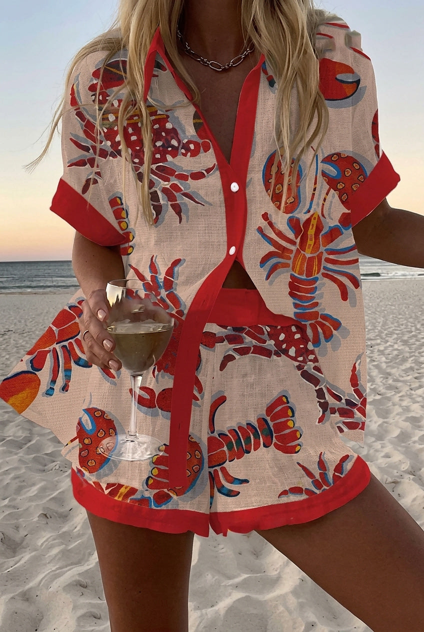 Damen-Set aus bedrucktem Kurzarmhemd und Shorts-Sets for women-Alpenkind