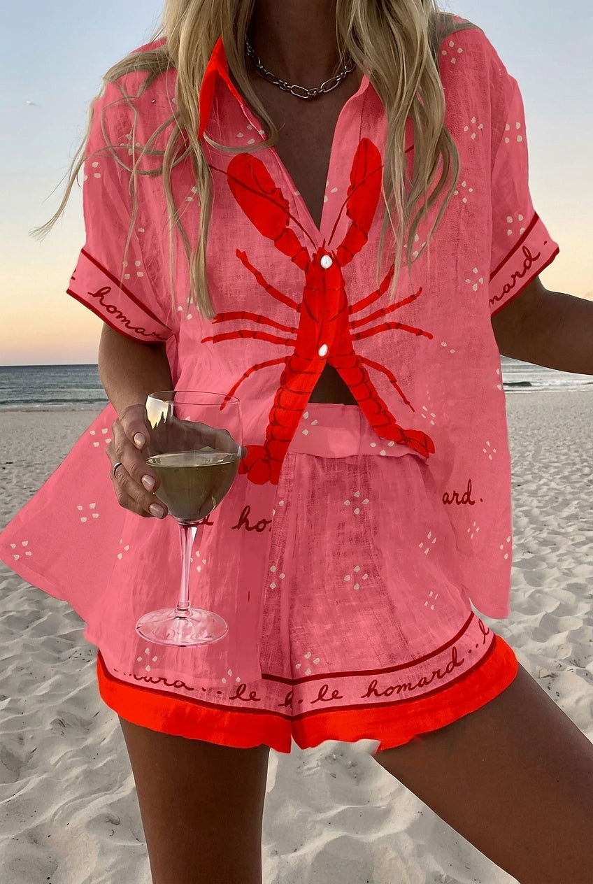 Damen-Set aus bedrucktem Kurzarmhemd und Shorts-Sets for women-Alpenkind