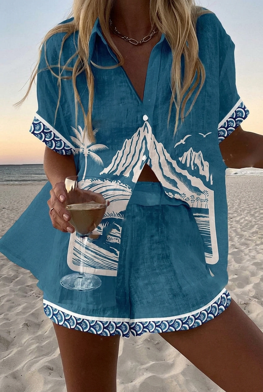 Damen-Set aus bedrucktem Kurzarmhemd und Shorts-Sets for women-Alpenkind
