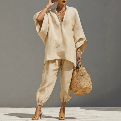 Damen-Set aus Leinen-Tunika und Hose mit weitem Bein-Sets for women-Alpenkind