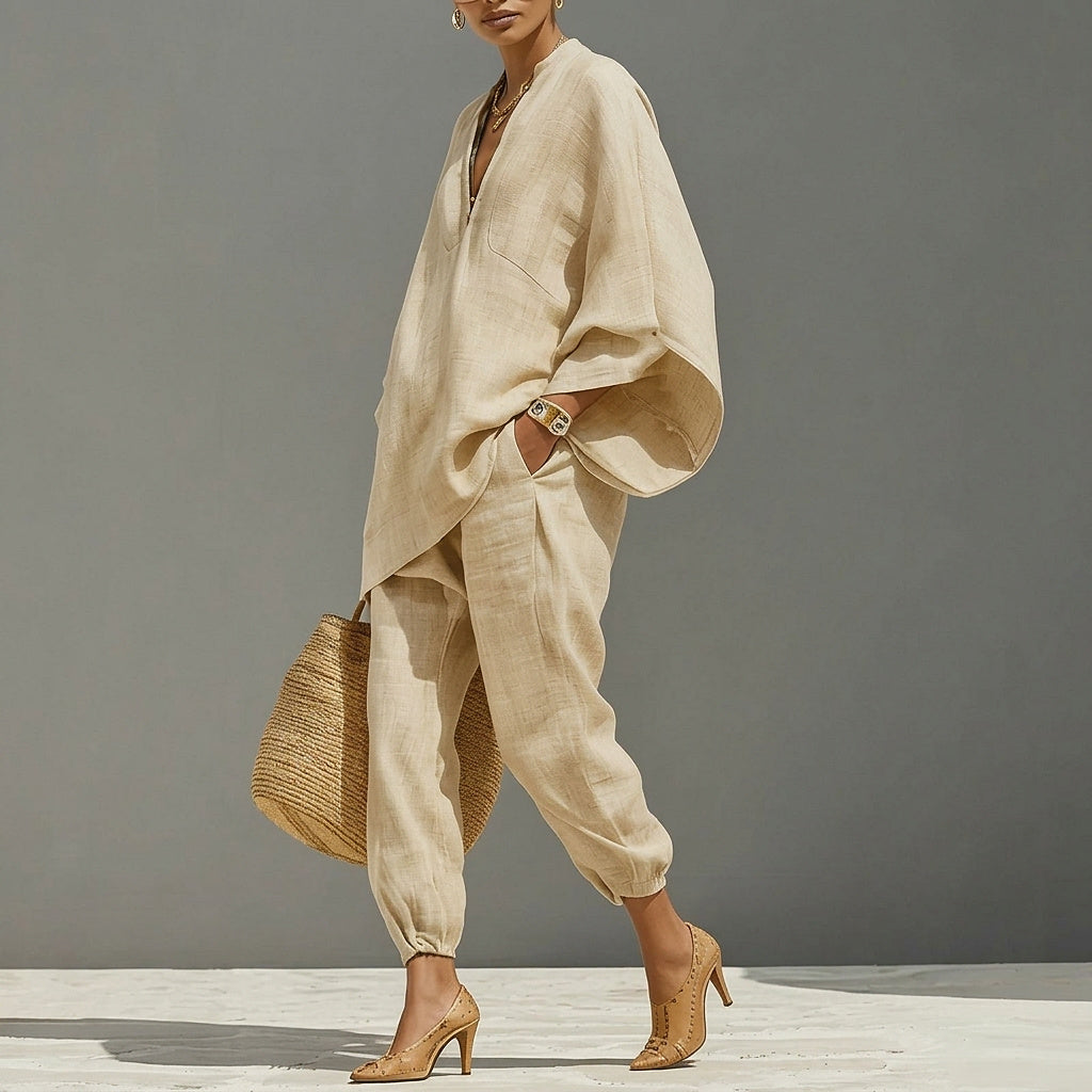 Damen-Set aus Leinen-Tunika und Hose mit weitem Bein-Sets for women-Alpenkind
