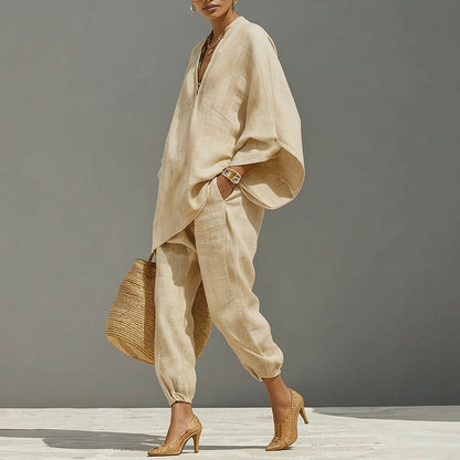 Damen-Set aus Leinen-Tunika und Hose mit weitem Bein-Sets for women-Alpenkind