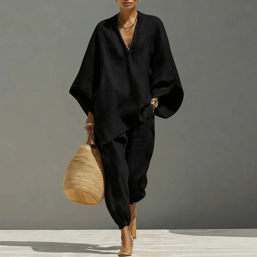 Damen-Set aus Leinen-Tunika und Hose mit weitem Bein-Sets for women-Alpenkind