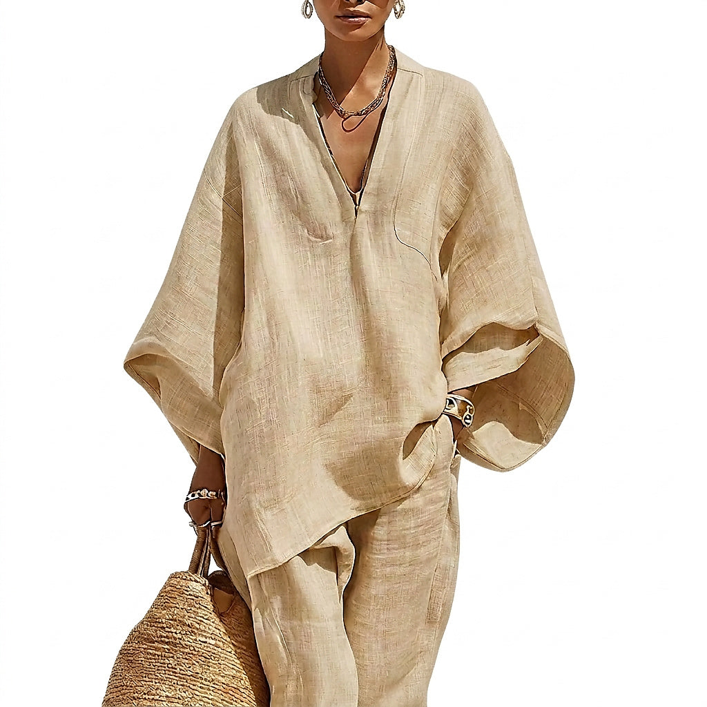 Damen-Set aus Leinen-Tunika und Hose mit weitem Bein-Sets for women-Alpenkind