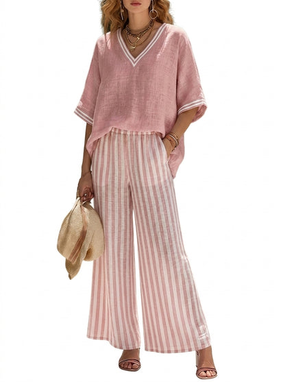 Damen-Set aus Oberteil mit V-Ausschnitt und gestreifter Hose mit weitem Bein-Sets for women-Alpenkind