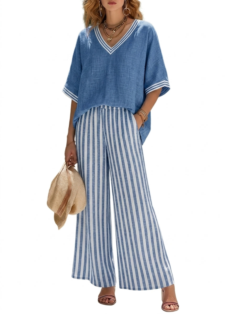 Damen-Set aus Oberteil mit V-Ausschnitt und gestreifter Hose mit weitem Bein-Sets for women-Alpenkind