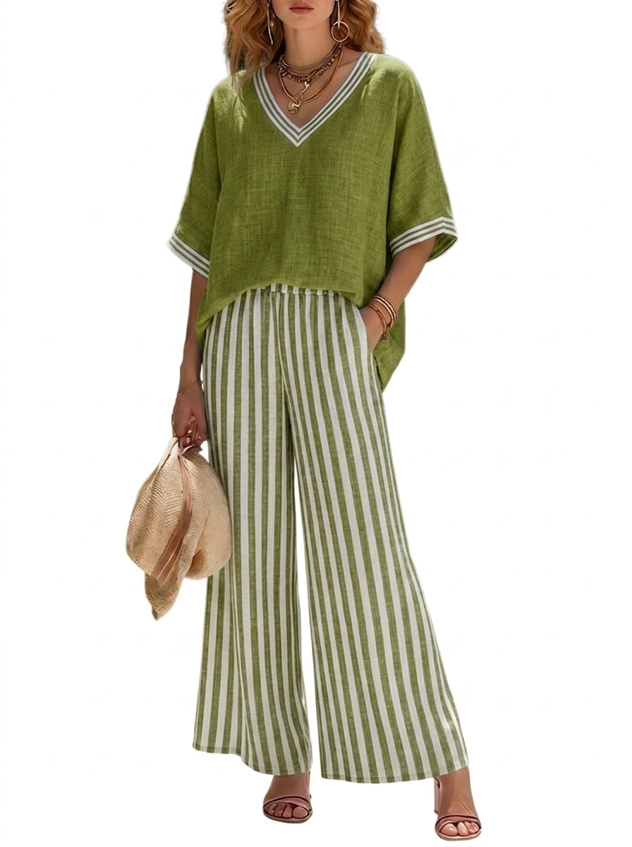 Damen-Set aus Oberteil mit V-Ausschnitt und gestreifter Hose mit weitem Bein-Sets for women-Alpenkind