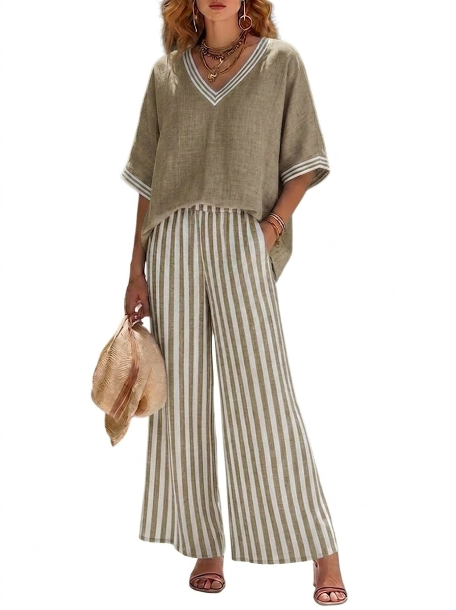 Damen-Set aus Oberteil mit V-Ausschnitt und gestreifter Hose mit weitem Bein-Sets for women-Alpenkind