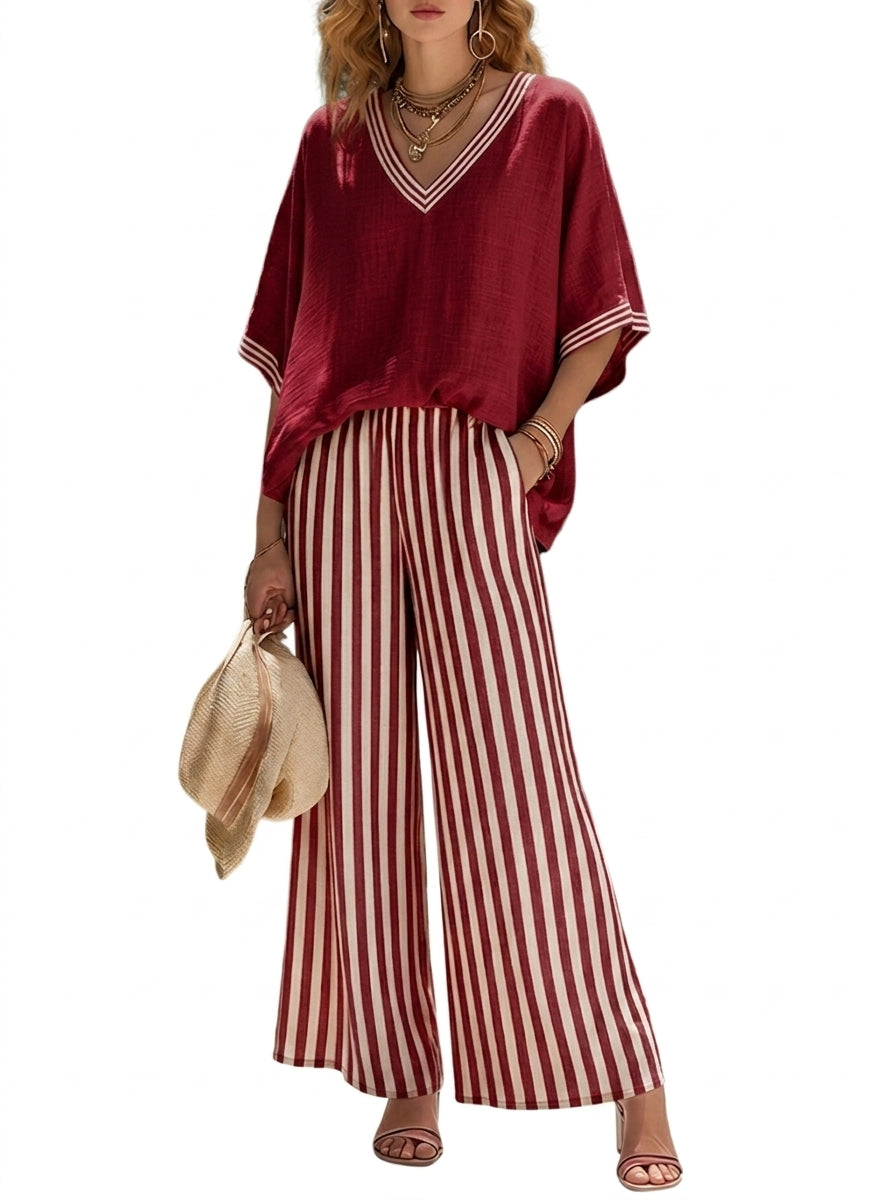 Damen-Set aus Oberteil mit V-Ausschnitt und gestreifter Hose mit weitem Bein-Sets for women-Alpenkind