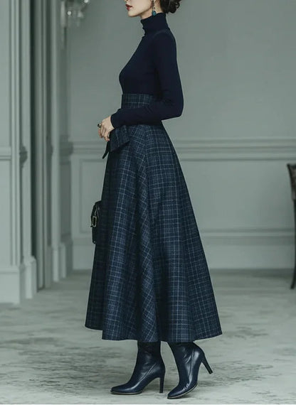 Damen-Set aus Rollkragenoberteil und kariertem Maxirock-Skirt for women-Alpenkind